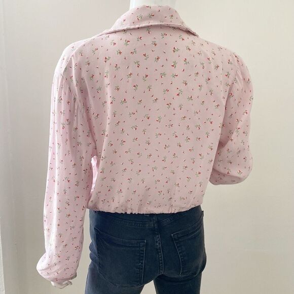 Brandy Melville Pink Tie Bottom Cropped Button Down Cherry Blossom Floral Print - Picture 5 of 5